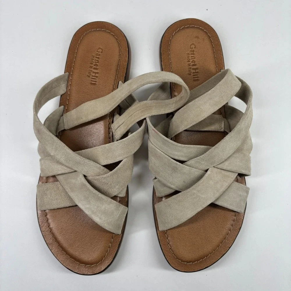 Garnet Hill Malena Crossover Women's 7.5 Beige Suede  Strap Flat Sandals 500467